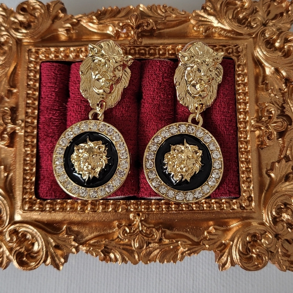 Goldtone Lion Medallion Drop Earrings - Black & Gold